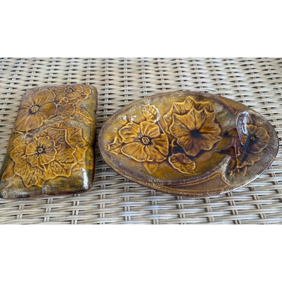 Vintage MCM California Pottery Ashtray Cigarette Box Set Brown Gold Floral - Picture 15 of 15